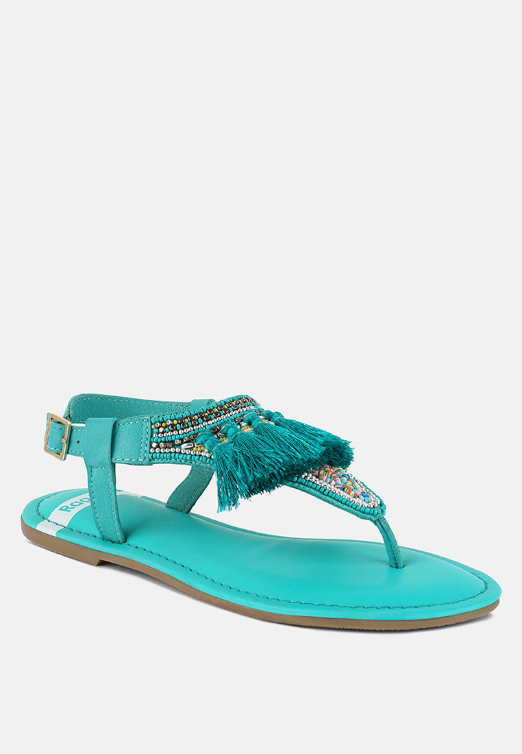 risha genuine leather tassel sandals#color_green