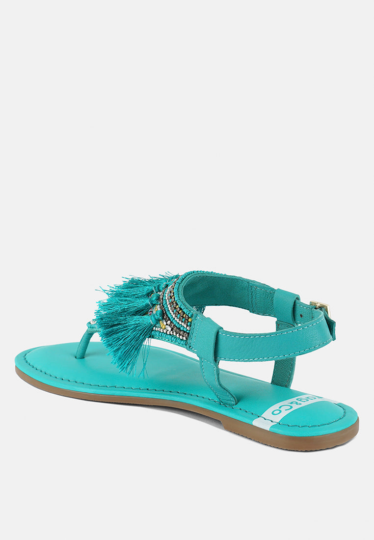 risha genuine leather tassel sandals#color_green