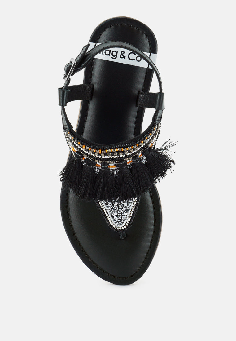 risha genuine leather tassel sandals#color_black
