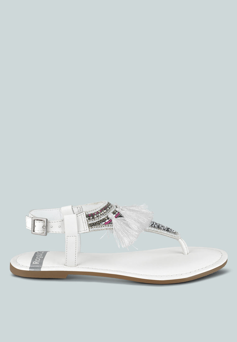 risha genuine leather tassel sandals#color_white
