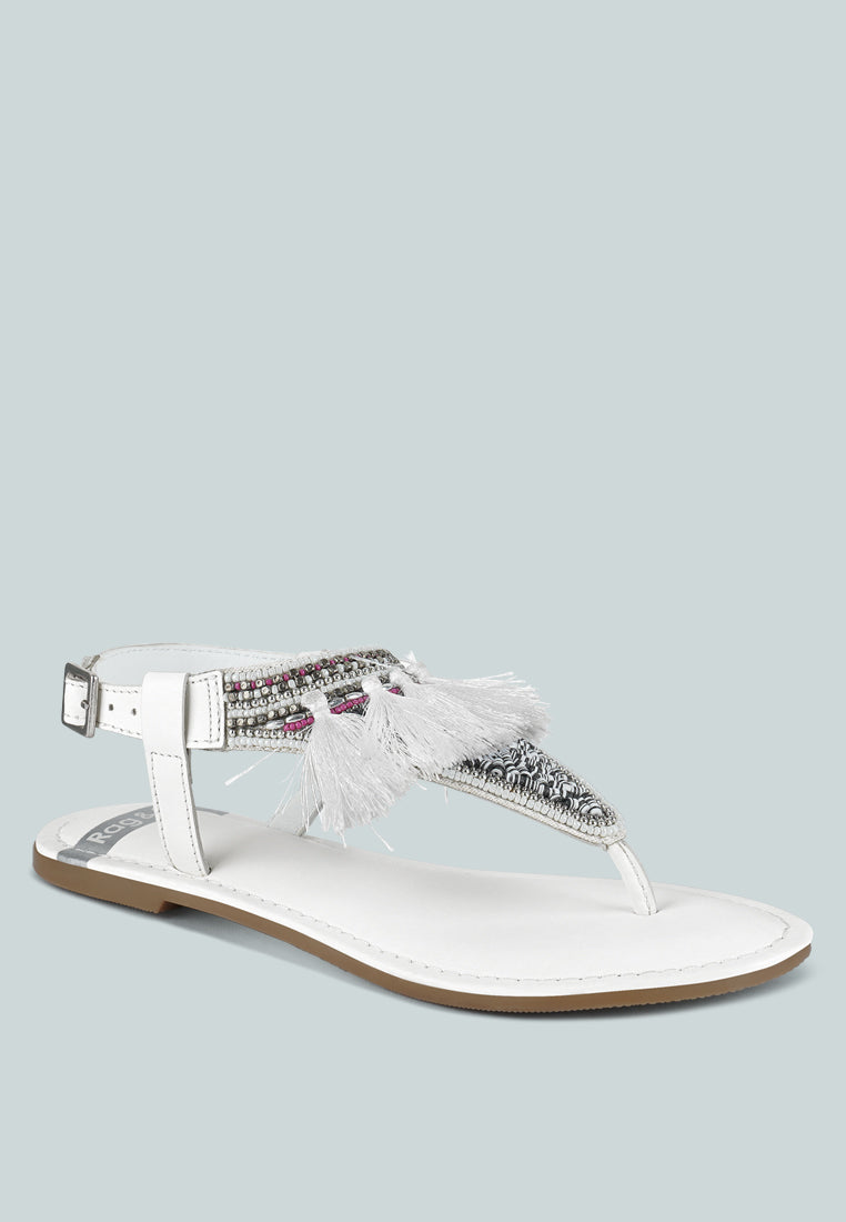 risha genuine leather tassel sandals#color_white