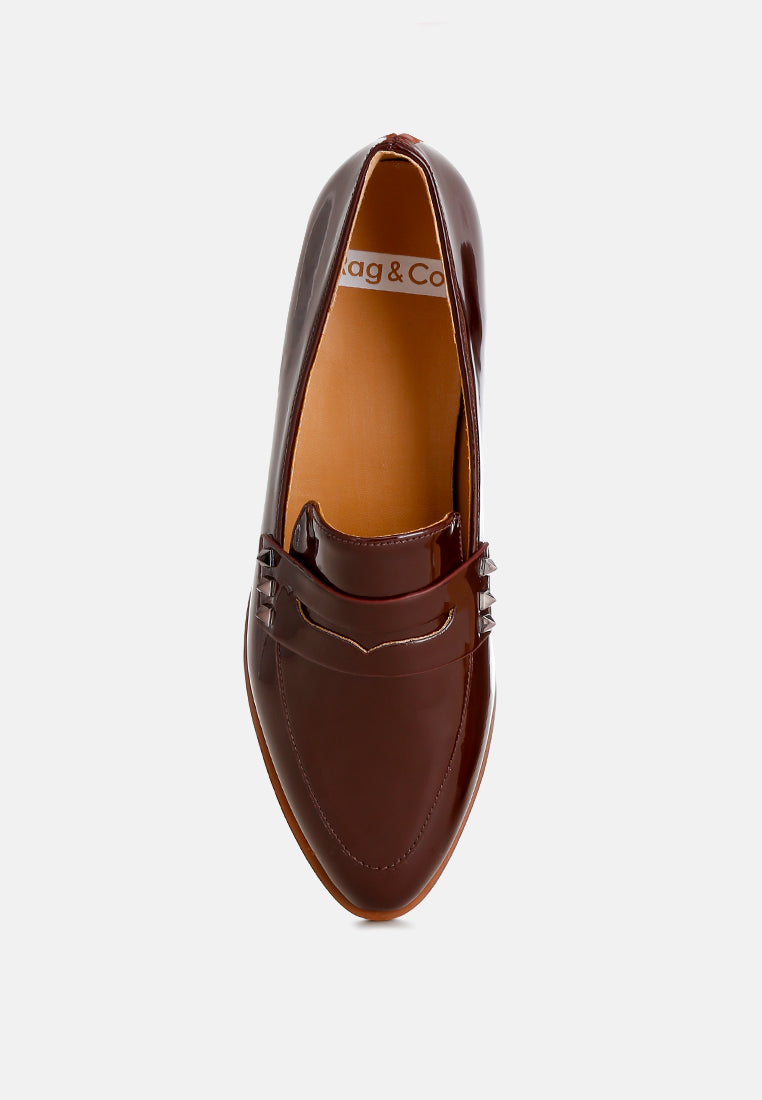 winged patent pleather penny loafers#color_brown