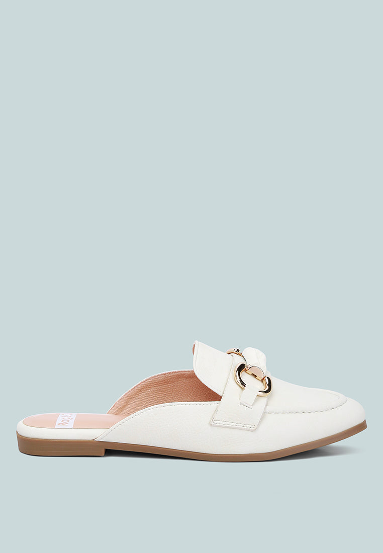 Abner Horsebit Embellished Raffia Slip On Mules In White#color_white