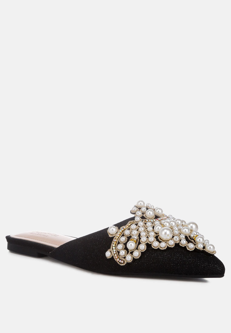 Buy Astre Pearl Embellished Shimmer Mules In Black | Mules | Rag & Co ...