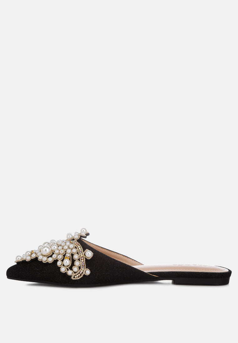 ASTRE Pearl Embellished Shimmer Mules In Black#color_black