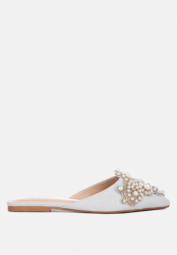 ASTRE Pearl Embellished Shimmer Mules In Silver#color_silver