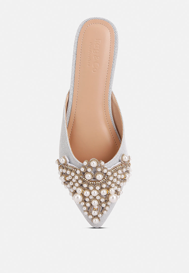 ASTRE Pearl Embellished Shimmer Mules In Silver#color_silver