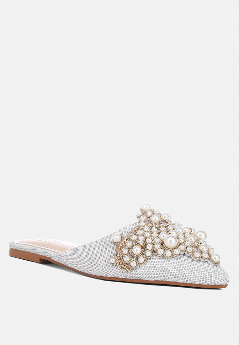 ASTRE Pearl Embellished Shimmer Mules In Silver#color_silver