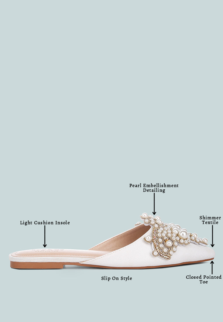 ASTRE Pearl Embellished Shimmer Mules In White#color_white