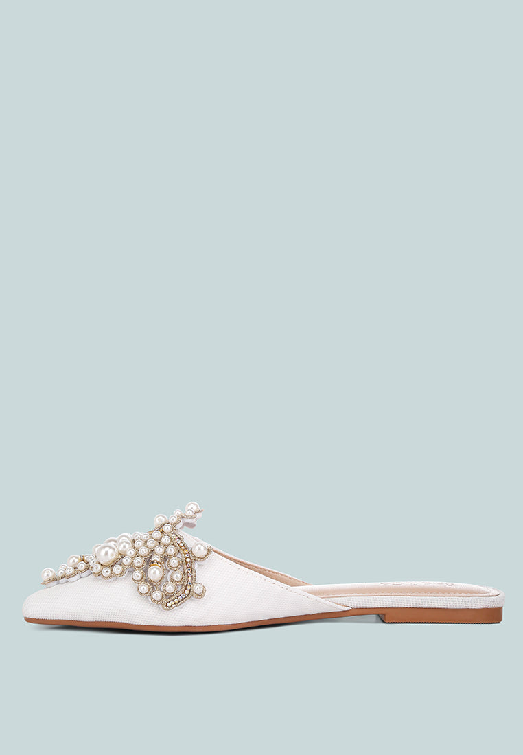 ASTRE Pearl Embellished Shimmer Mules In White#color_white
