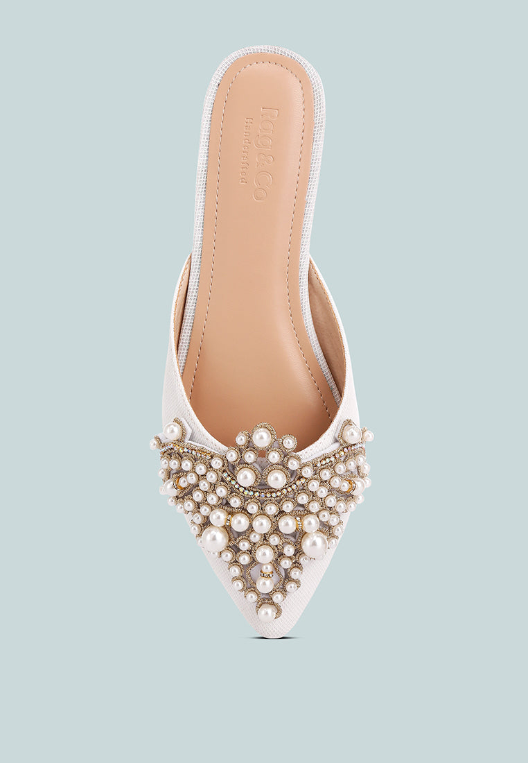 ASTRE Pearl Embellished Shimmer Mules In White#color_white