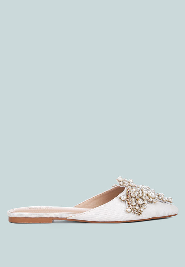 ASTRE Pearl Embellished Shimmer Mules In White#color_white