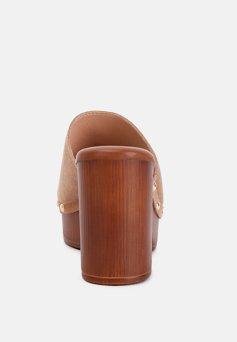 Cartera Suede High Block Heel Mules In Tan#color_tan