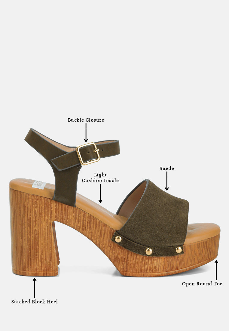 Daniela Suede High Block Sandals In Olive Green#color_olive green