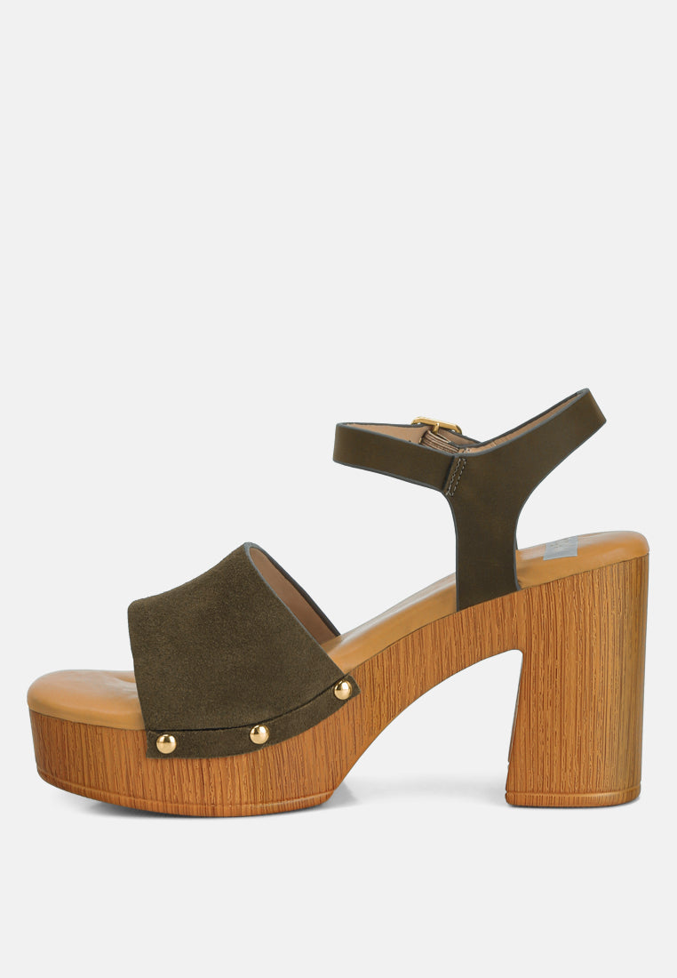 Daniela Suede High Block Sandals In Olive Green#color_olive green