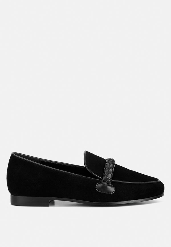 ECHO Suede Leather Braided Detail Loafers#color_black