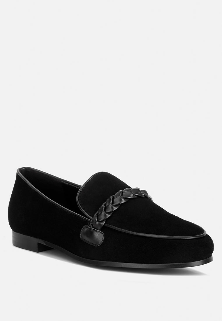 Buy Echo Suede Leather Braided Detail Loafers In Black | Loafers | Rag ...