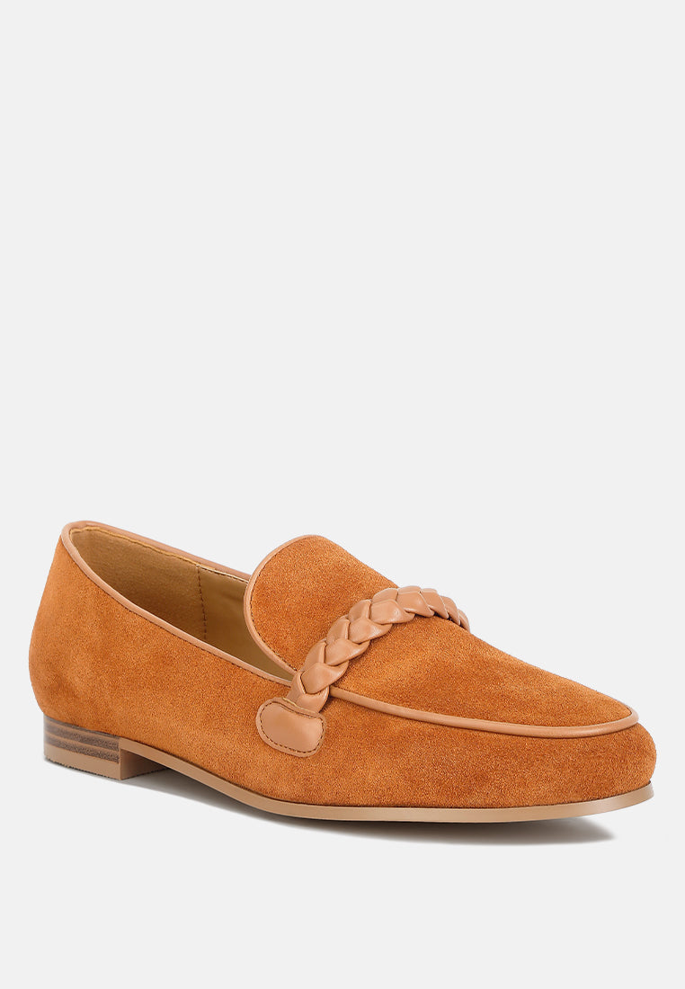 ECHO Suede Leather Braided Detail Loafers#color_tan