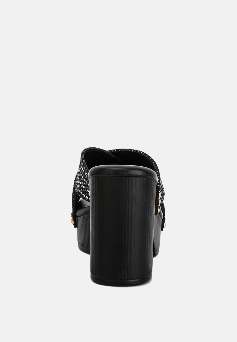 FInley Raffia High Block Heel Mules In Black#color_black