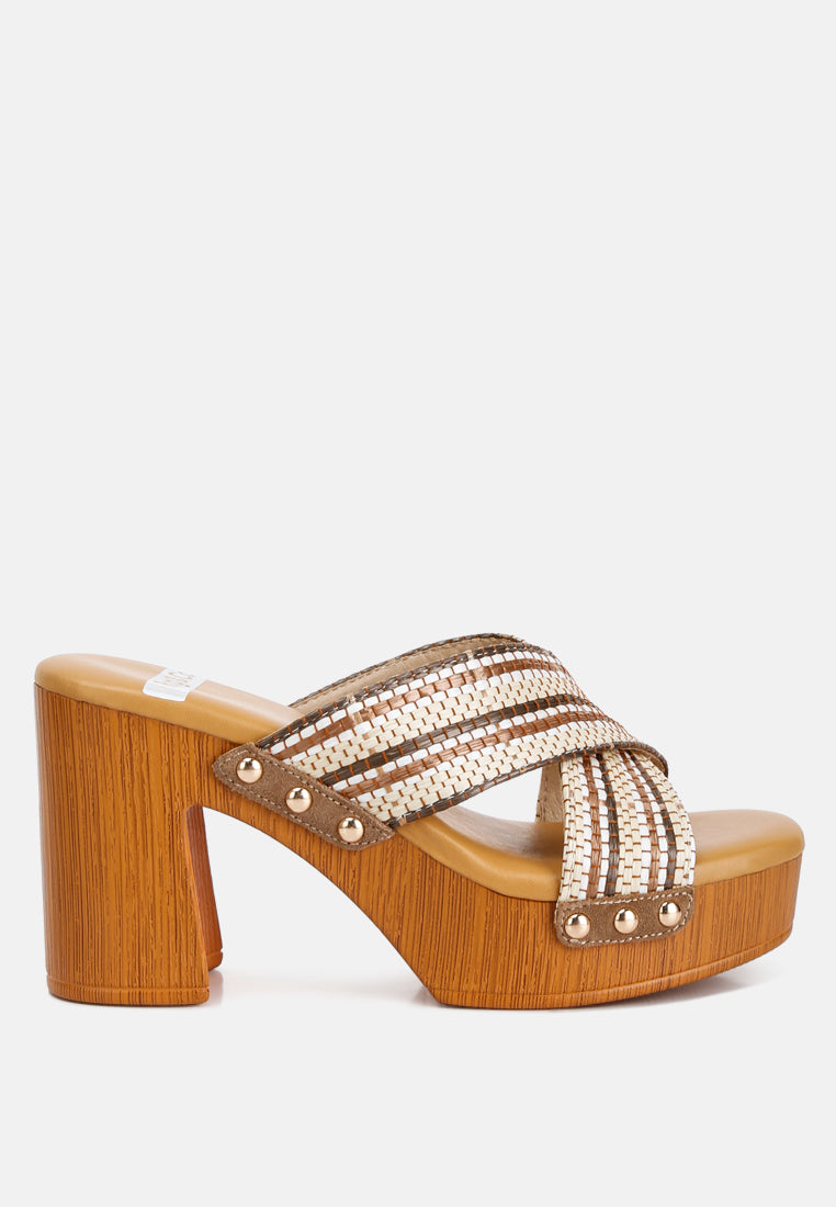 FInley Raffia High Block Heel Mules In Tan#color_tan
