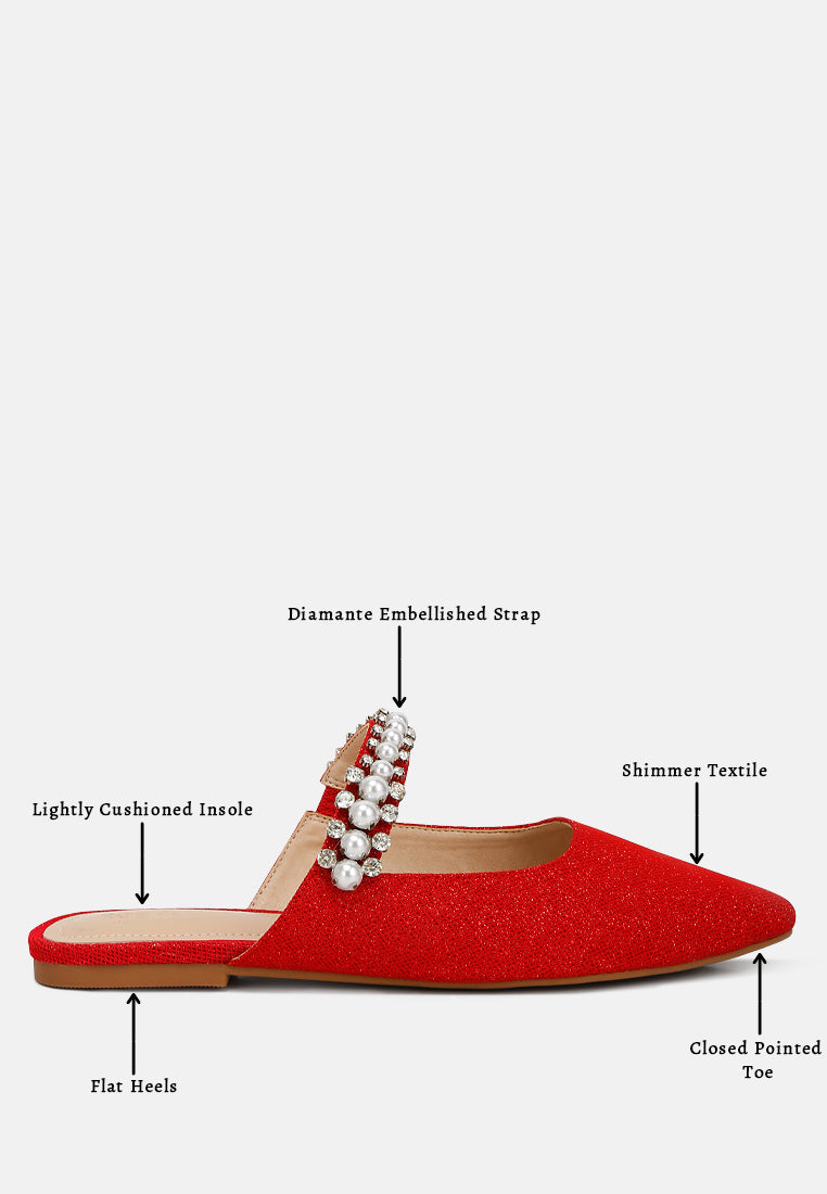 GEODE Pearl Embellished Slip On Mules In Red#color_red