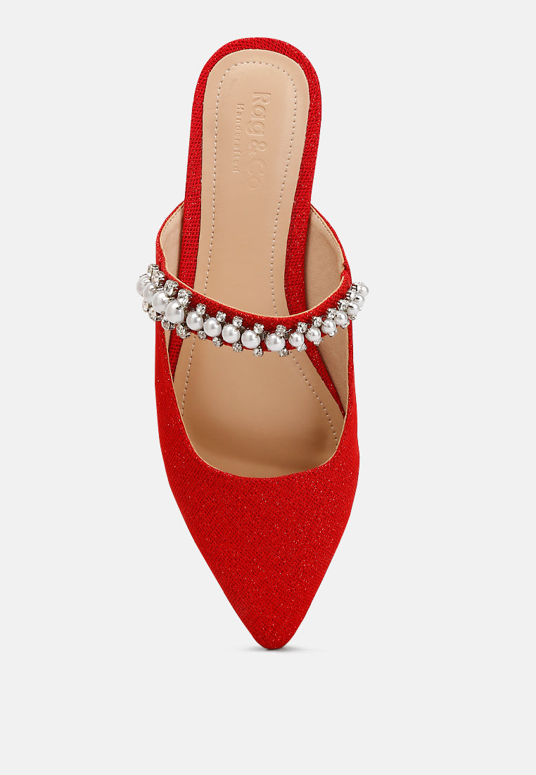 GEODE Pearl Embellished Slip On Mules In Red#color_red