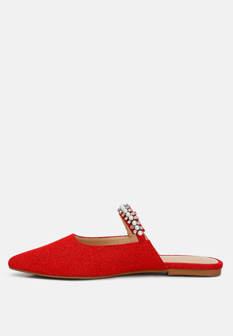 GEODE Pearl Embellished Slip On Mules In Red#color_red
