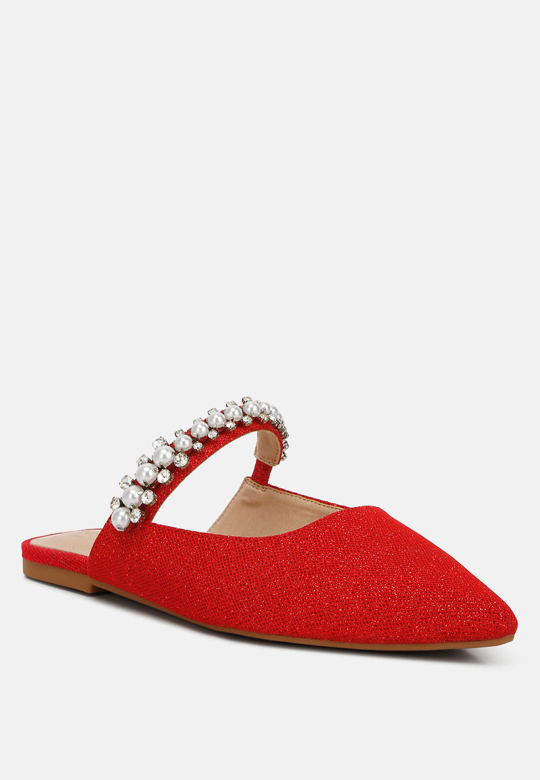 GEODE Pearl Embellished Slip On Mules In Red#color_red