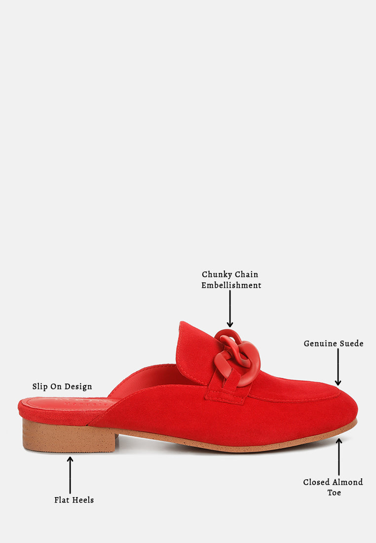 KRIZIA Chunky Chain Suede Slip On Loafers in Red #color_Red