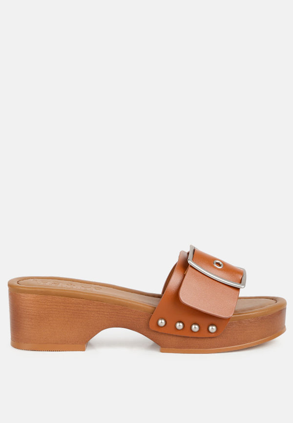 MIINDY Buckle Strap Leather Slip Ons in Tan#color_Tan