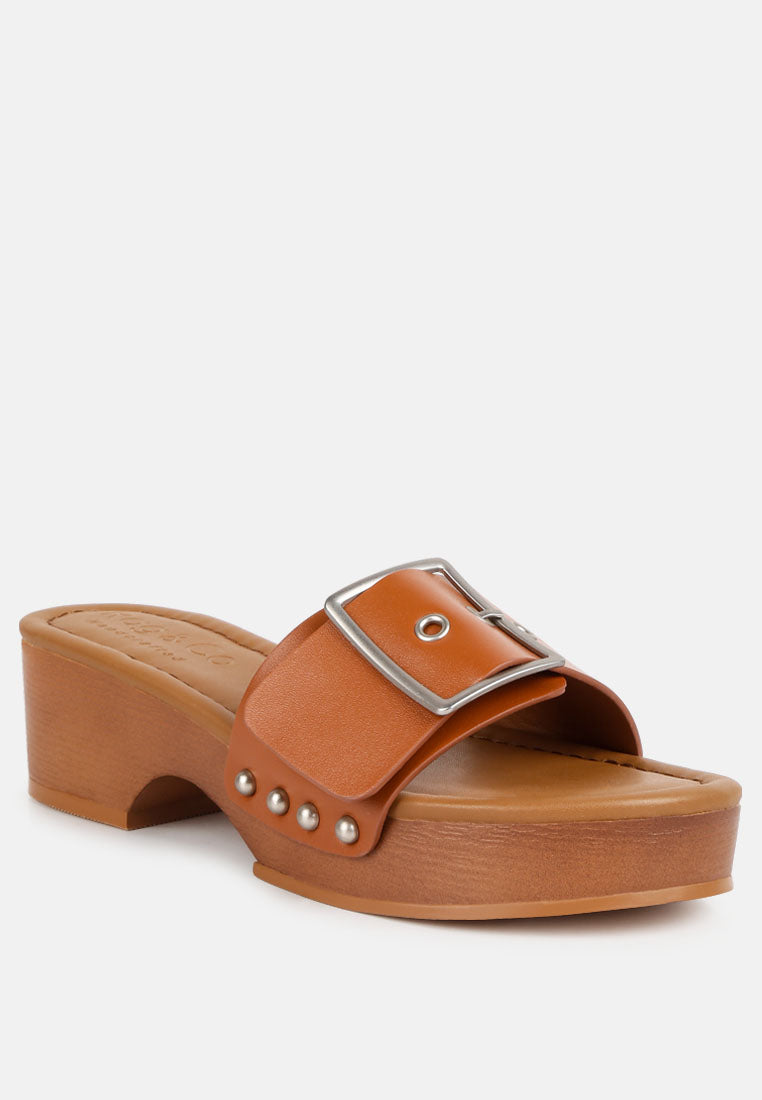 MIINDY Buckle Strap Leather Slip Ons in Tan#color_Tan