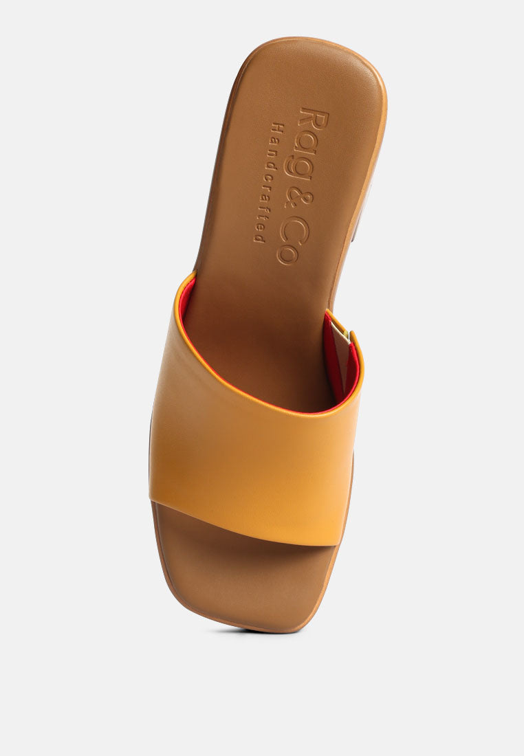 SCANDAL Slip on Block Heel Sandals in Tan#color_Tan
