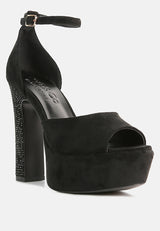 BEATY Black Studded Suede High Block Heeled Sandals_Black