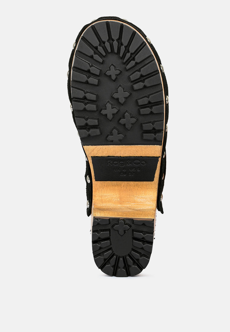 TULLEY Suede Clog Mules in Black-Black