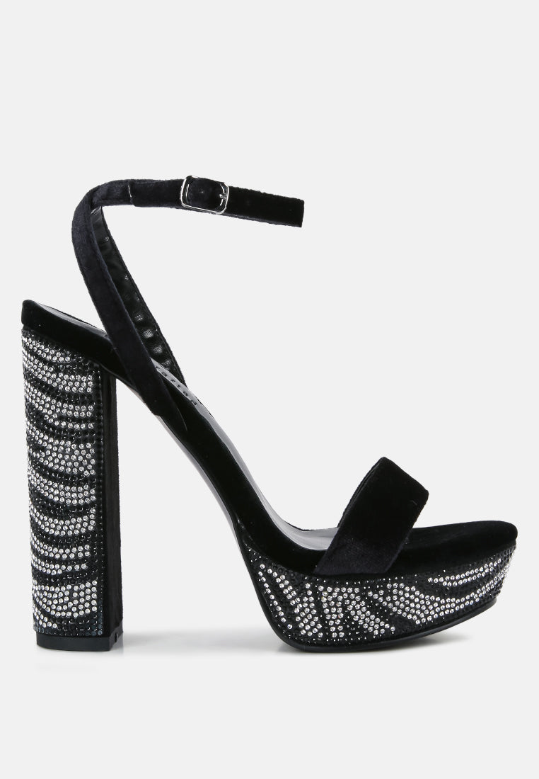 ZIRCON Black Diamante Studded High Block Heel Sandals_Black