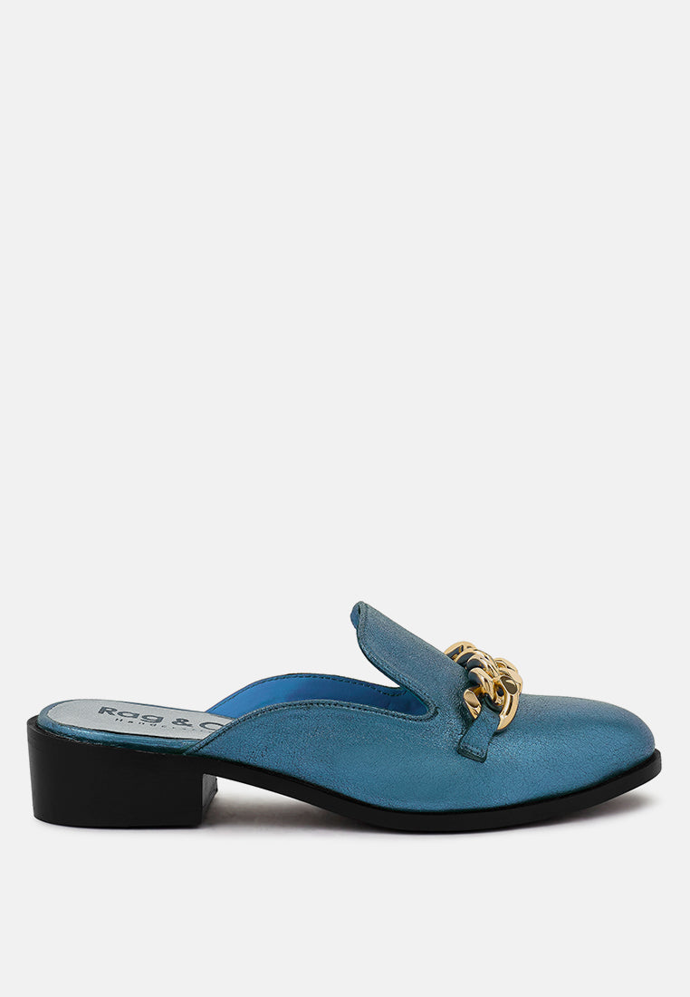 AKSA Chain Embellished Metallic Blue Leather Mules#color_blue
