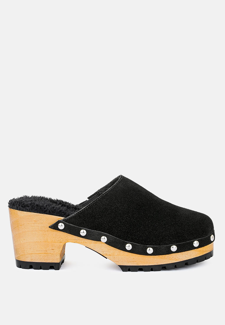 TULLEY Suede Clog Mules in Black-Black