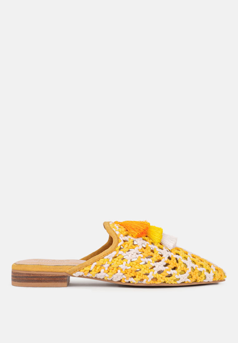 MARIANA Yellow Woven Flat Mules With Tassels-Yellow