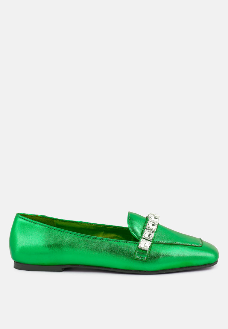 churros green metallic diamante leather loafers_green