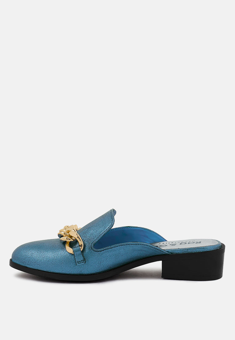 AKSA Chain Embellished Metallic Blue Leather Mules#color_blue
