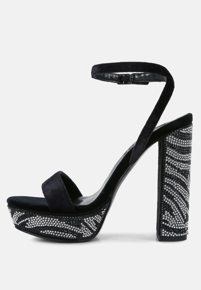 ZIRCON Black Diamante Studded High Block Heel Sandals_Black