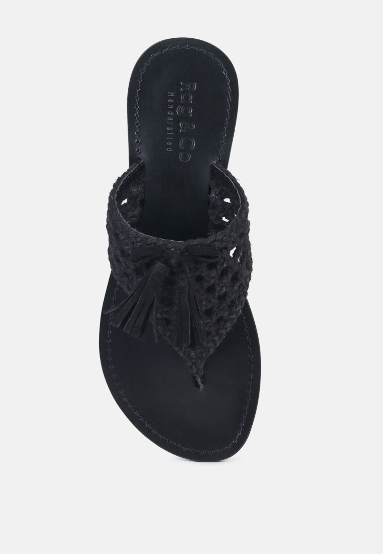 BEECH Handwoven Natural Black Suede Tassel Thong Flats_Black