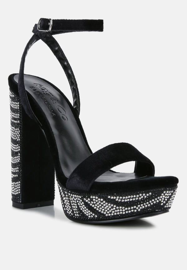 ZIRCON Black Diamante Studded High Block Heel Sandals_Black