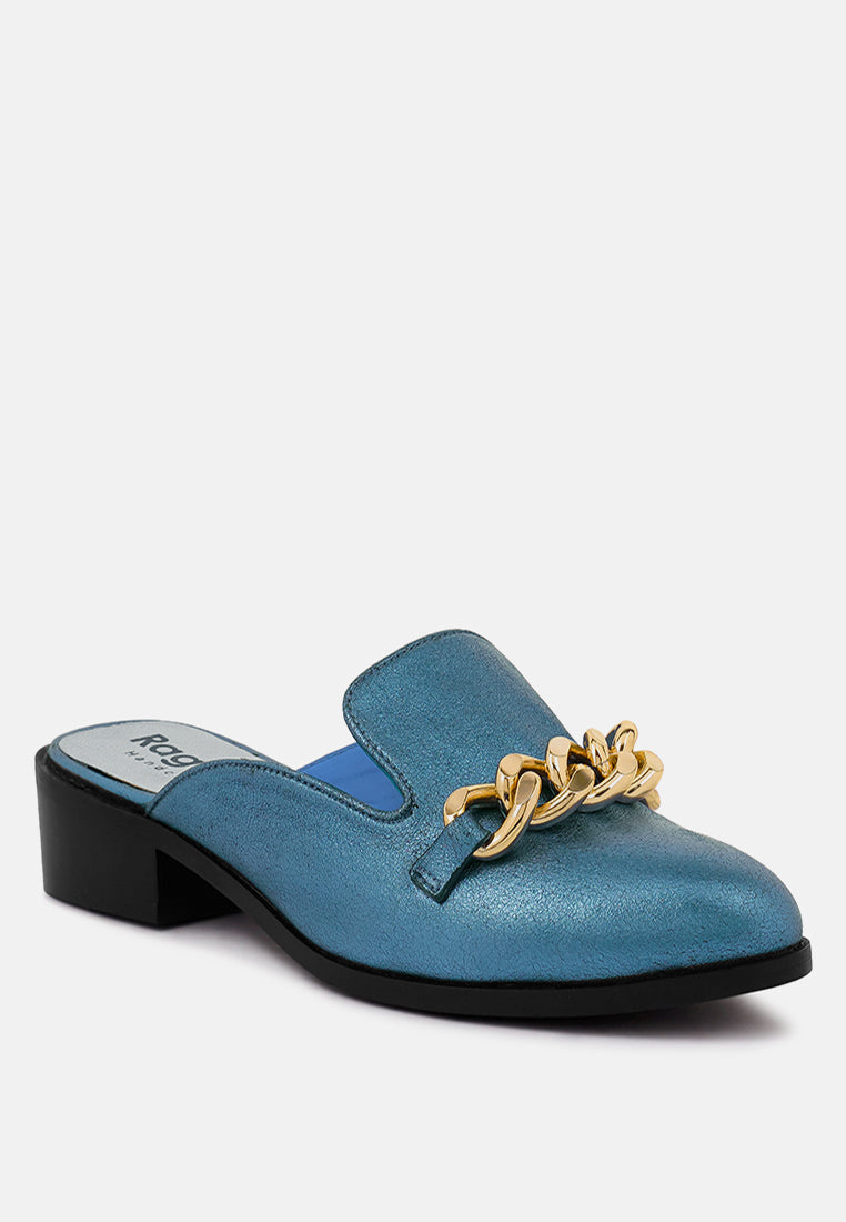 AKSA Chain Embellished Metallic Blue Leather Mules#color_blue