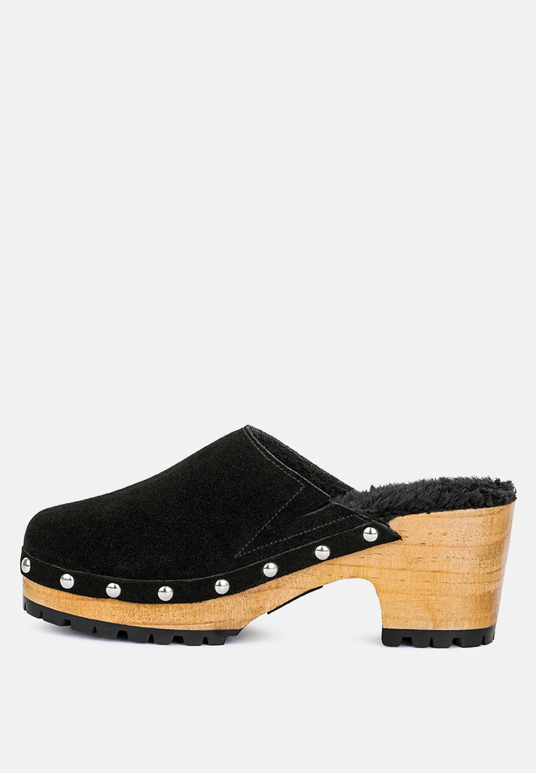 TULLEY Suede Clog Mules in Black-Black