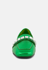 churros green metallic diamante leather loafers_green