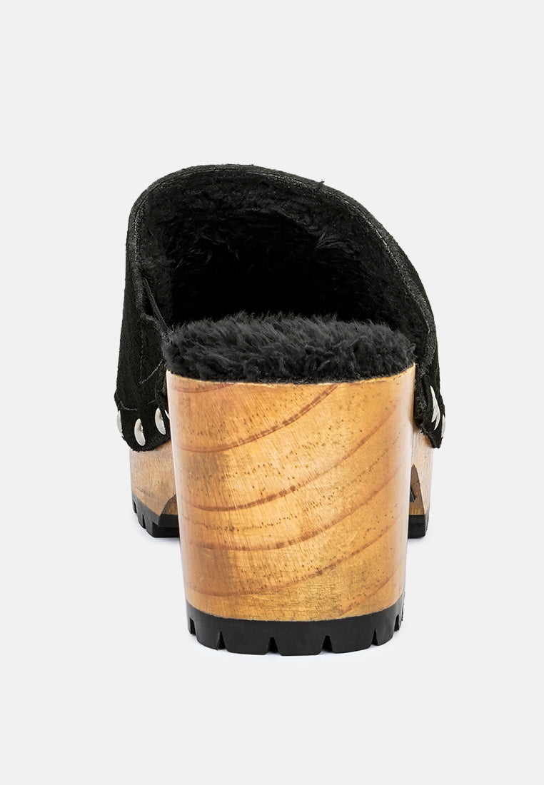 TULLEY Suede Clog Mules in Black-Black