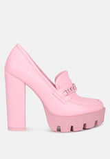 CORINNE Pink Chain Embellished Chunky Loafers#color_pink