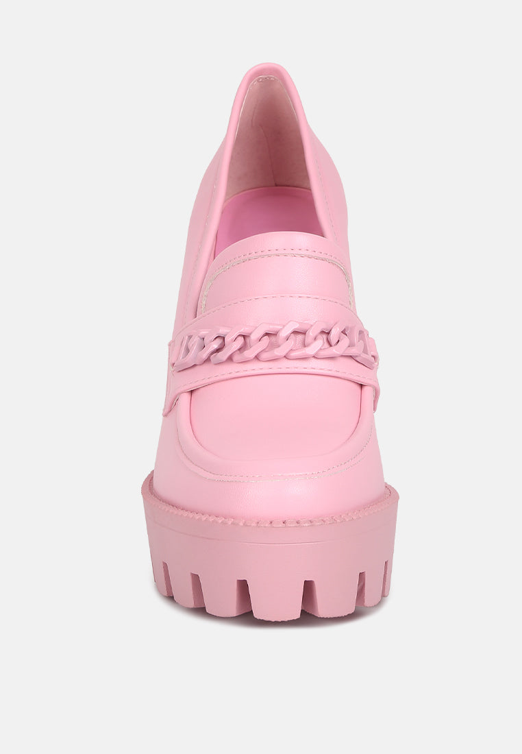 CORINNE Pink Chain Embellished Chunky Loafers#color_pink