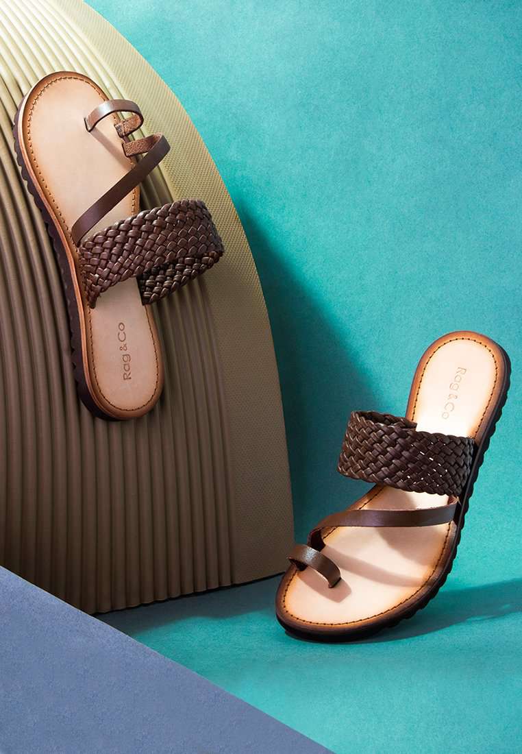 ZINA Brown Braided Leather Flat Sandal-Brown